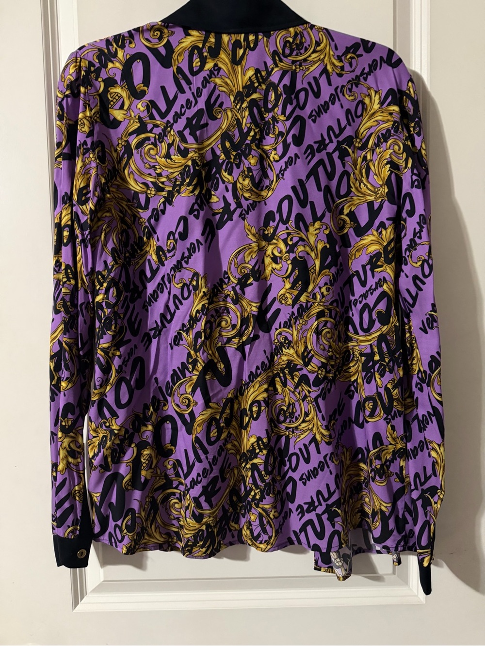 Versace Jeans Collection Purple and Gold Baroque Script Button-Down Shirt
